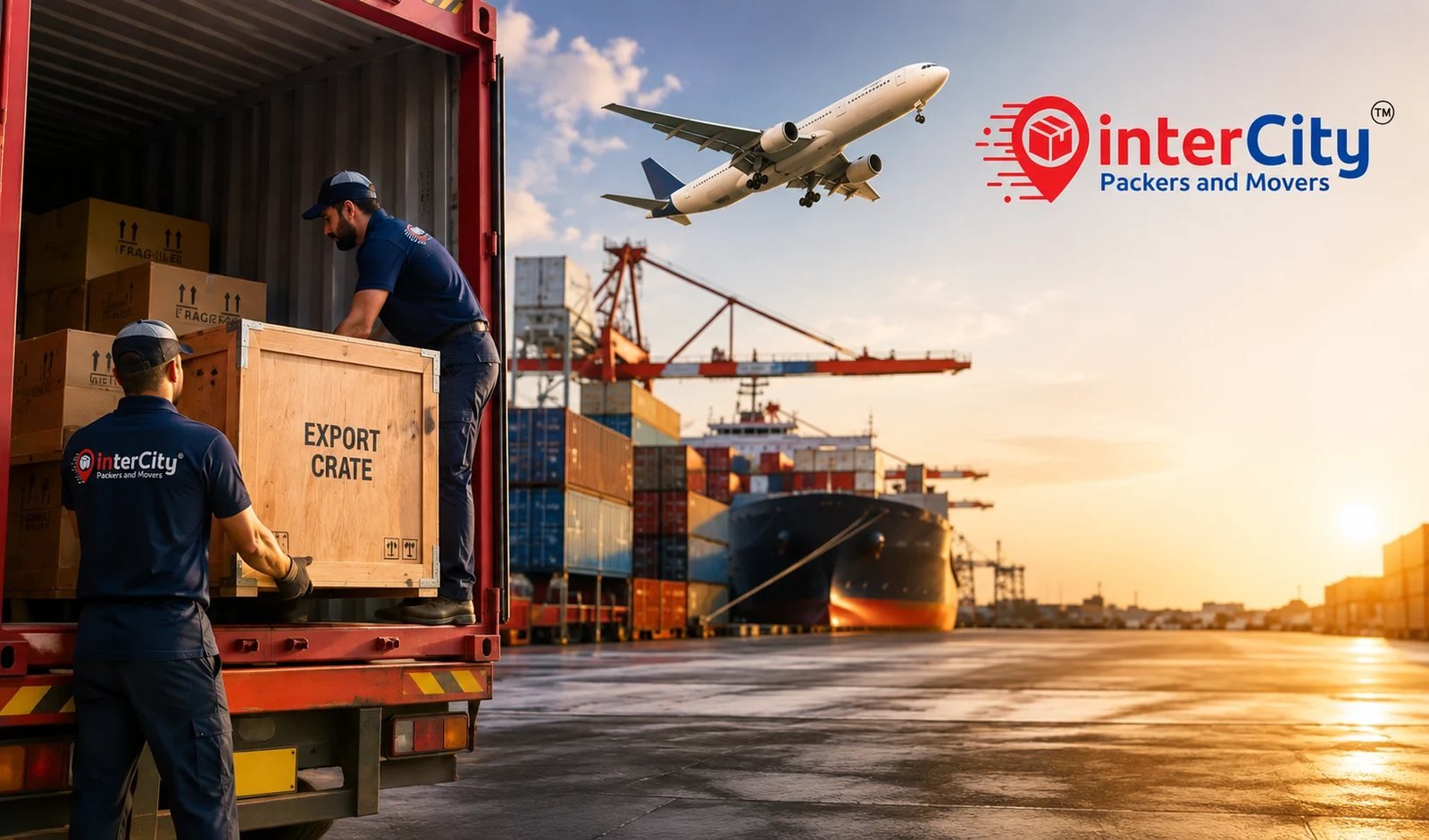 Best international packers and movers loading an export crate into a shipping container at an Indian port, with a cargo ship and aircraft in the background