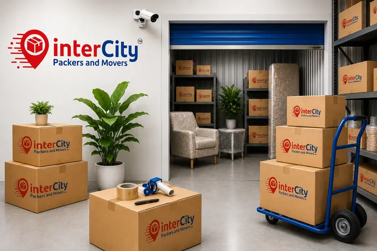 Inside an InterCity Packers and Movers storage facility in India: branded cartons on steel racking, a plastic-wrapped armchair inside a blue roller-shutter storage unit, and a wall-mounted CCTV camera