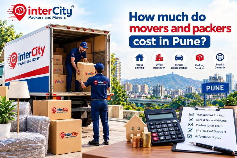 InterCity Packers and Movers crew loading cartons into a branded truck against the Pune skyline, with a calculator, coins and a pricing checklist — how much do movers and packers cost in Pune