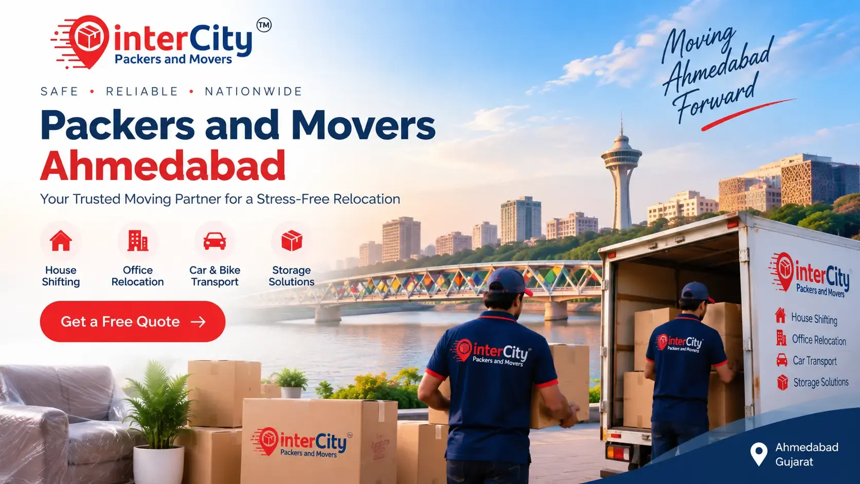 InterCity Packers and Movers Ahmedabad crew loading cartons into a moving truck by the Sabarmati Riverfront — house shifting, office relocation, car and bike transport and storage solutions