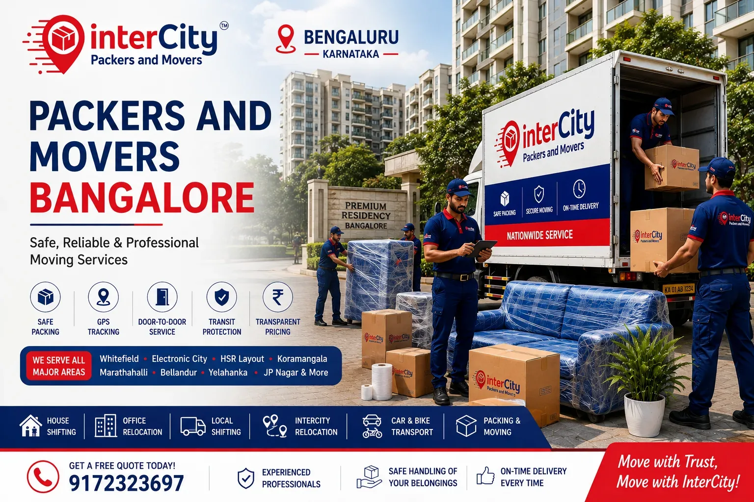 InterCity Packers and Movers Bangalore crew loading packed cartons and wrapped furniture into a branded moving truck outside a Bengaluru apartment complex