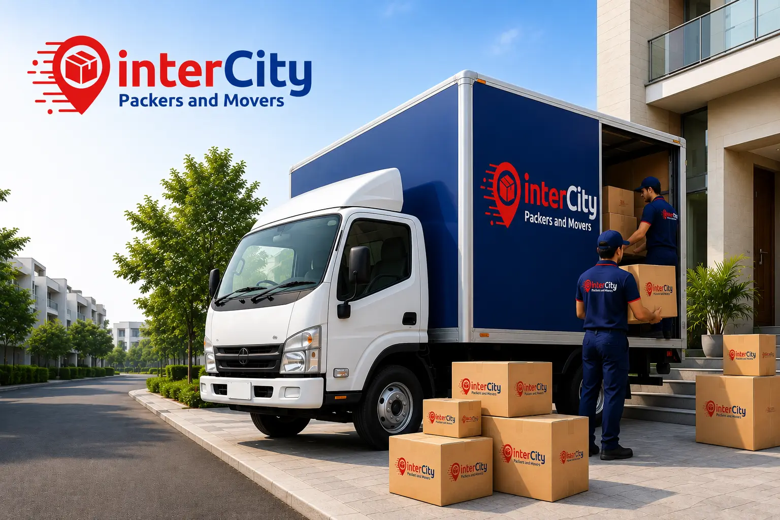 InterCity Packers and Movers Kompally - crew loading packed boxes into a branded moving truck outside a residential building