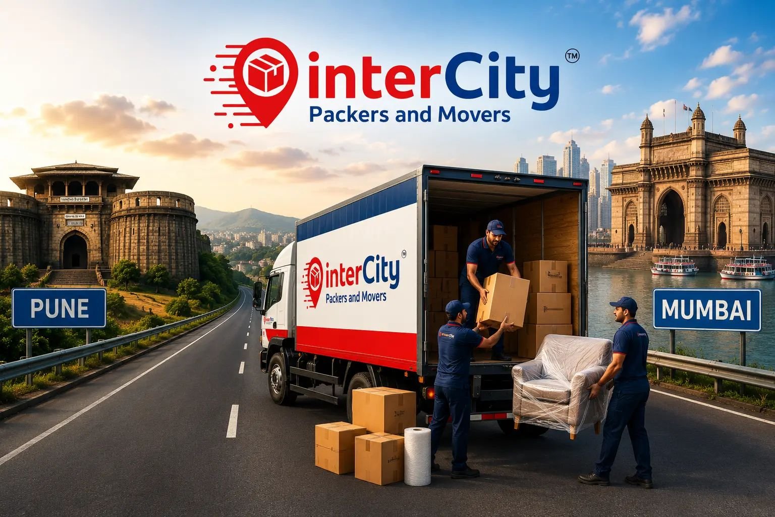 InterCity Packers and Movers team loading packed cartons and wrapped furniture into a truck on the Pune to Mumbai expressway route